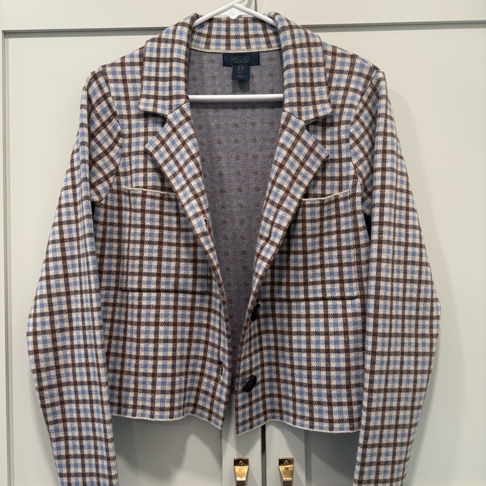RACHEL Rachel Roy Womens M Jacket Blazer Plaid Stretch Button Close Brown Blue